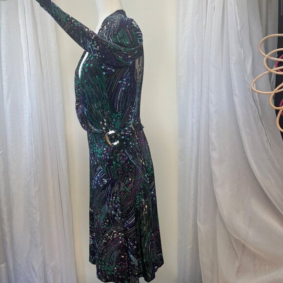 Cache Wrap Dress Long Sleeve Abstract Geometric Print Ladies Size MED Belted - Picture 6 of 8